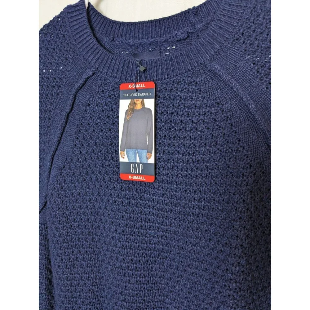 NWT Gap Textured Knit Preppy Cottage Crew Neck Navy Blue‎ Sweater Women's XS
